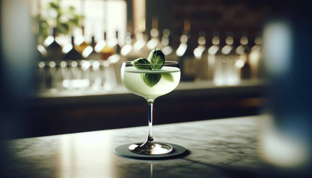 Cocktail gimlet dưa leo húng quế trong ly coupe với trang trí lá húng quế