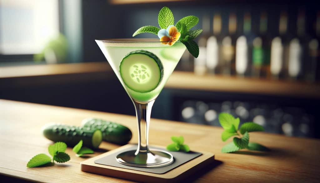 cucumber elderflower martini with mint and edible flowers