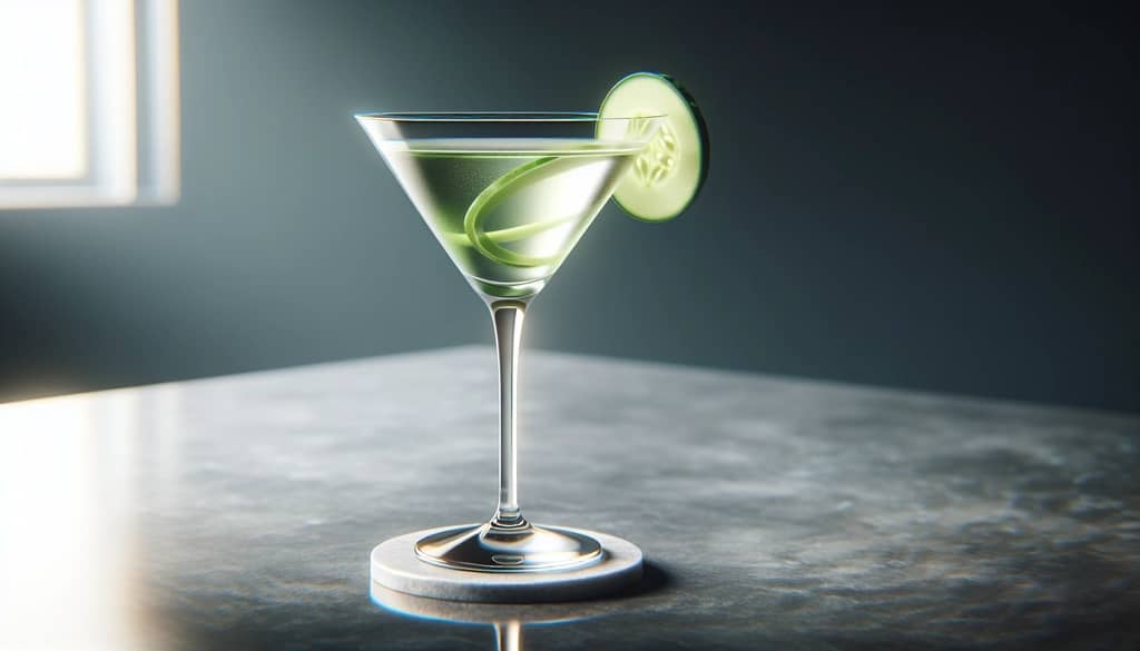 martini gin mentimun dengan hiasan pita mentimun dalam gelas martini