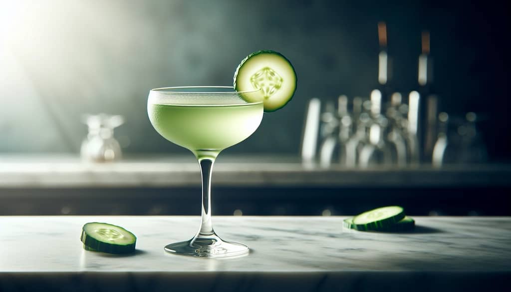 Martini mentimun dalam gelas coupe dingin dengan irisan mentimun segar