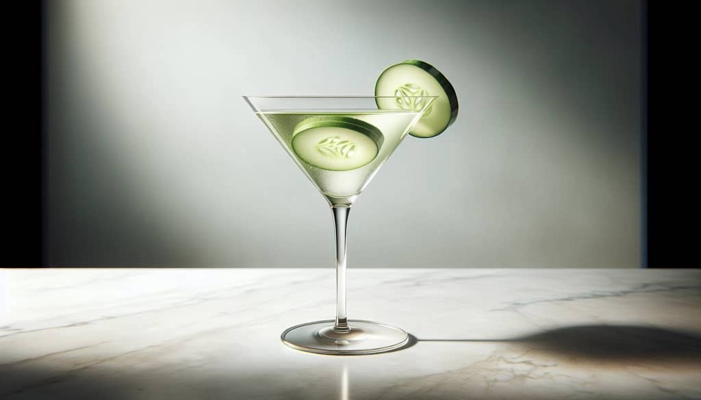 오이 마티니와 엘더플라워가 칵테일 잔 안에 오이 가니쉬와 함께