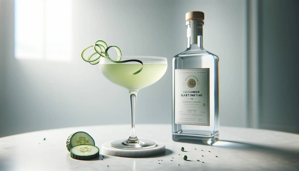 Cucumber martini and gin bottle on marble surface