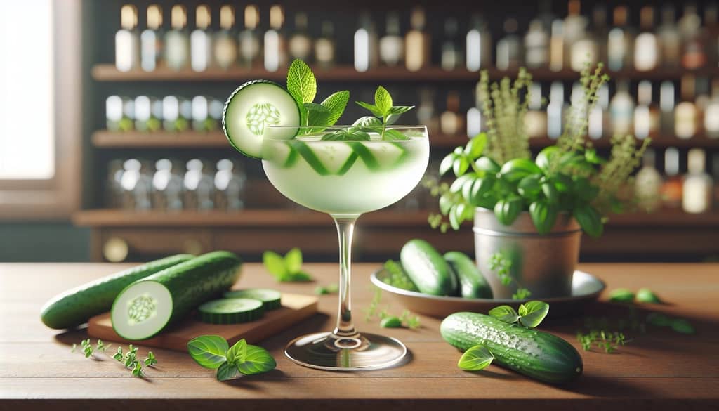 Fresh herbs next to a cucumber martini on a bar