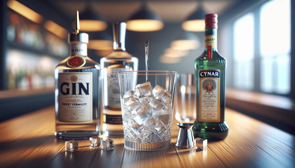 Pouring Cynar Negroni ingredients over ice in a mixing glass