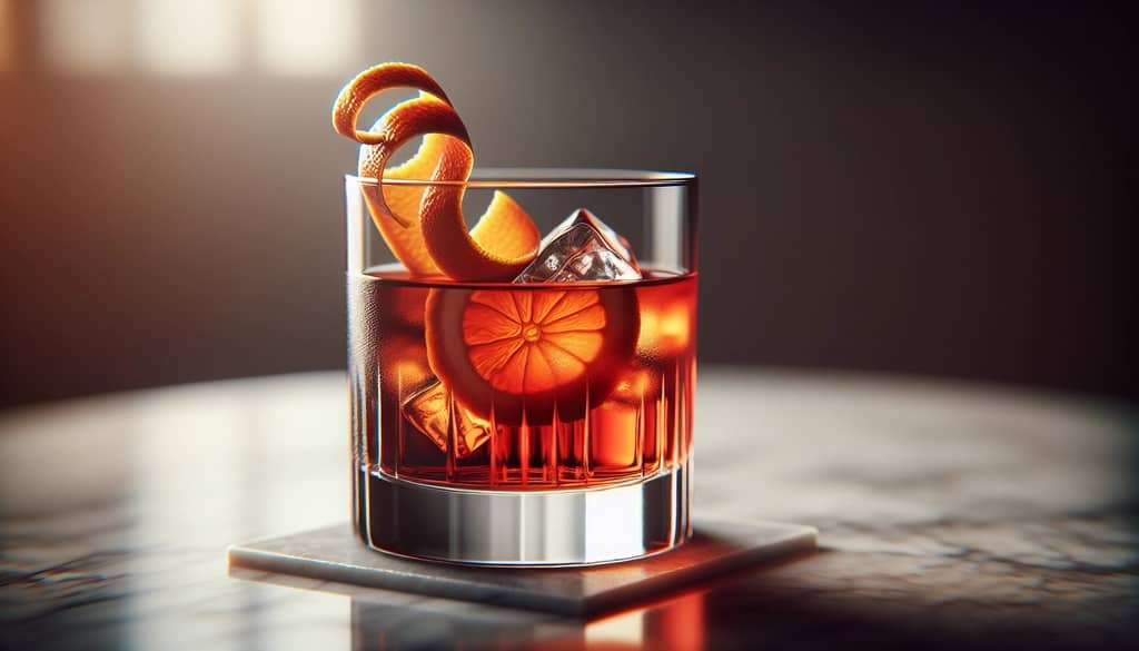 Cynar Negroni with orange twist on marble