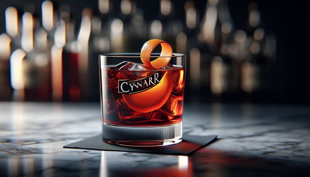 Cynar Negroni in a rocks glass with orange twist