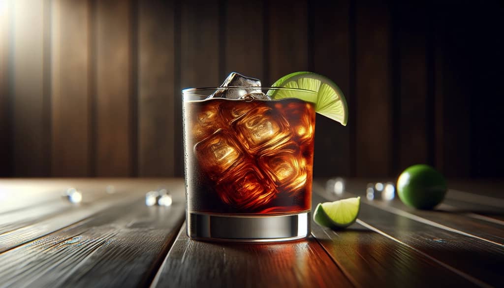 dark and stormy cocktail with dark rum in highball glass