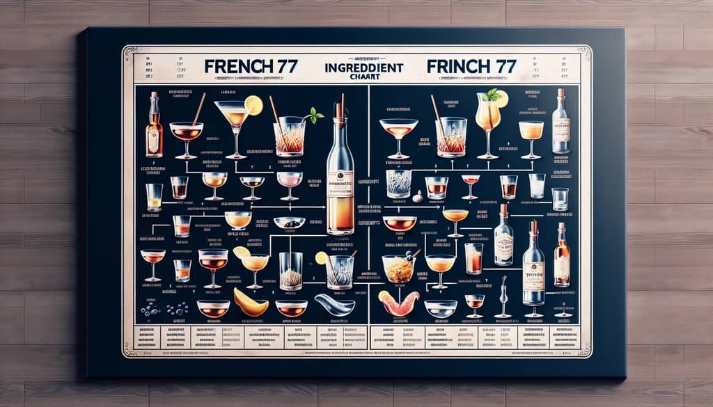 Detailed ingredient chart comparison between French 75 and French 77 cocktails.