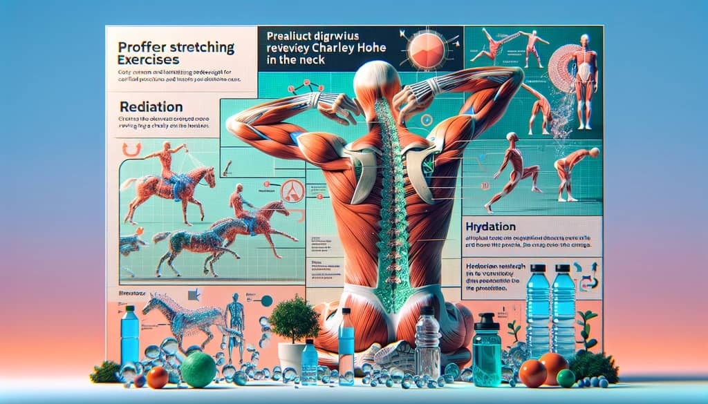 Diagram of stretching exercises and hydration tips to relieve Charley Horse in the neck