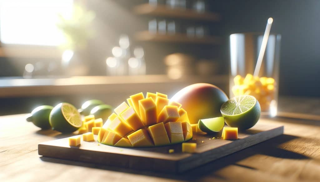 mango cubes and fresh lime on chopping board