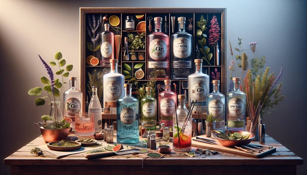 Different bottles of gin with varied botanical profiles are displayed for making a Gin Mule