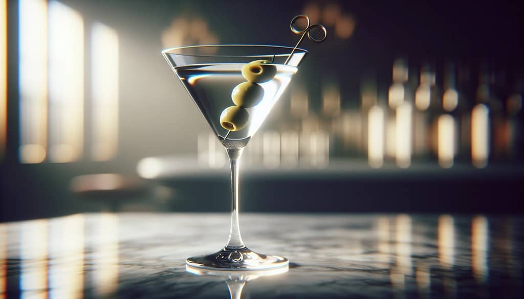 vodka martini kotor dalam gelas martini dengan zaitun