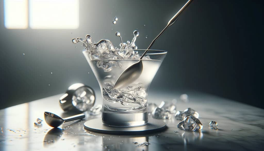 dirty vodka martini preparation with spoon in clear glass