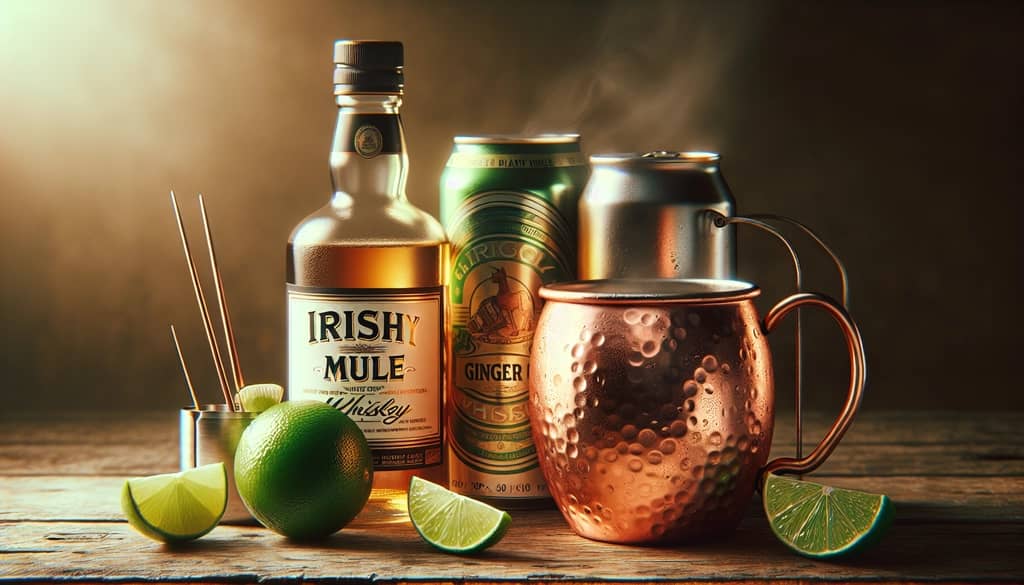 Display of ingredients for an Irish Mule, including Irish whiskey, lime, ginger beer, and a copper mug