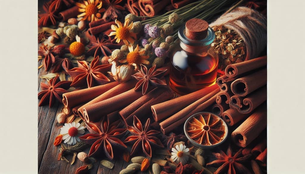 Diverse herbs and spices that make up aromatic bitters, emphasizing their botanical infusion