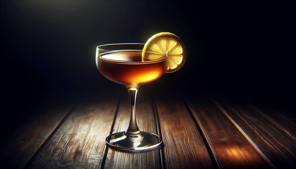 Dry Manhattan cocktail in coupe glass with lemon twist