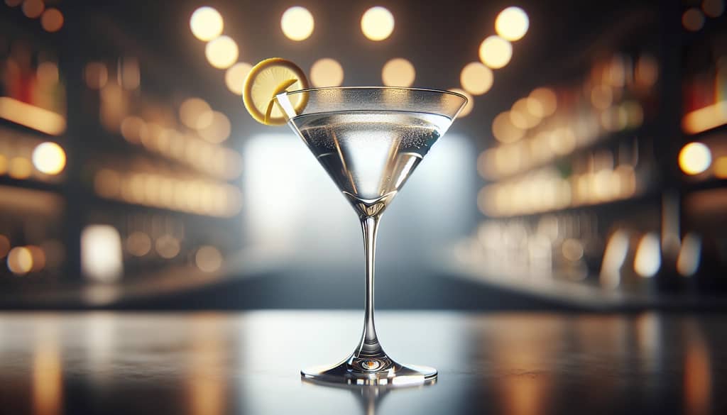 close-up lemon twist garnish on a dry martini