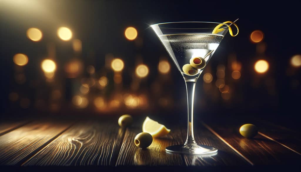 dry martini up served with olive and lemon twist on bar