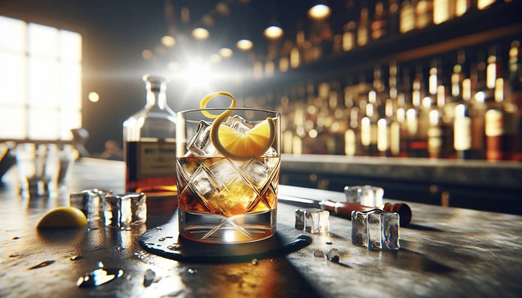Dry vermouth on ice with lemon twist in old fashioned glass