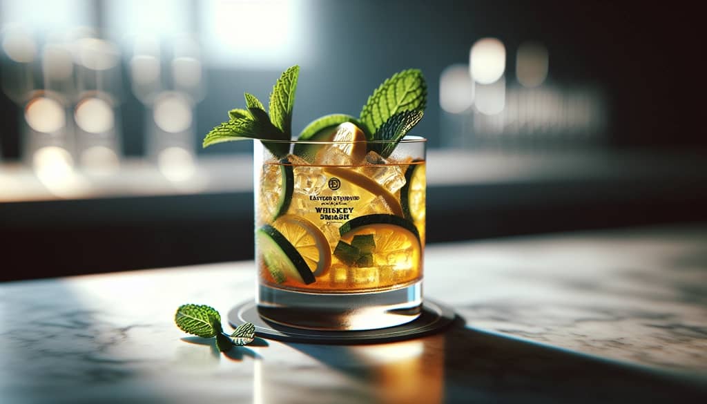 eastern standard whiskey smash cocktail in a rocks glass with mint and cucumber
