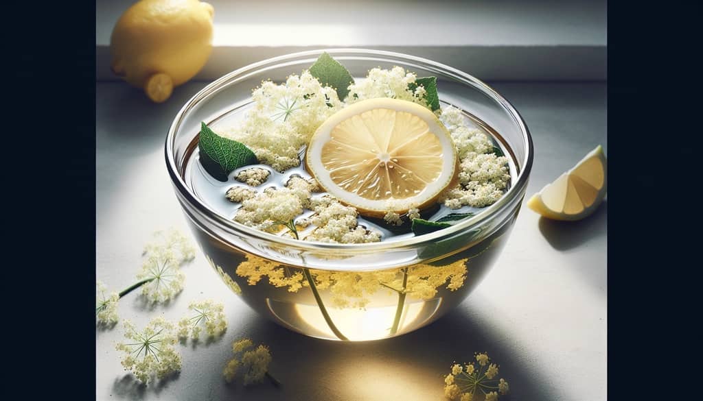 elderflower blossoms steeping with lemon slices