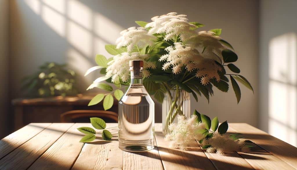 elderflower liqueur bottle with fresh elderflowers