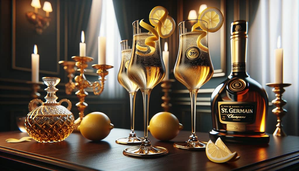 Elegant champagne flutes filled with St. Germain and champagne cocktails, garnished with lemon twists