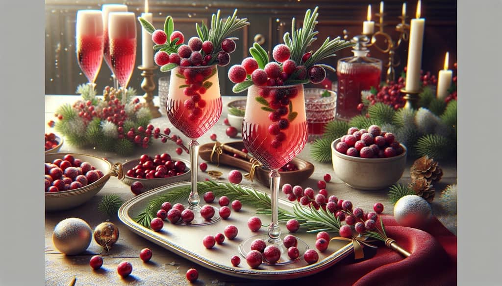 Elegant cranberry mimosas garnished with fresh cranberries and a sprig of rosemary on a festive holiday table.