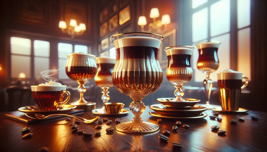 Elegant Rayware Classic Gold Irish Coffee Glasses showcasing a beautifully layered Irish Coffee