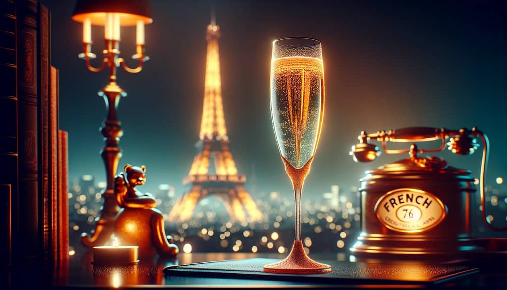 Elegant scene with a French 76 cocktail in a flute glass with the Eiffel Tower in the background, capturing the essence of French sophistication.