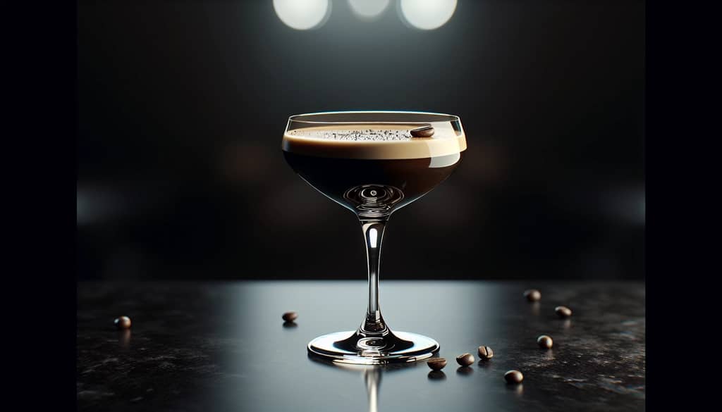 espresso martini in a coupe glass with coffee bean