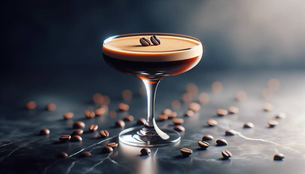 Espresso martini with Kahlua in a coupe glass with coffee beans