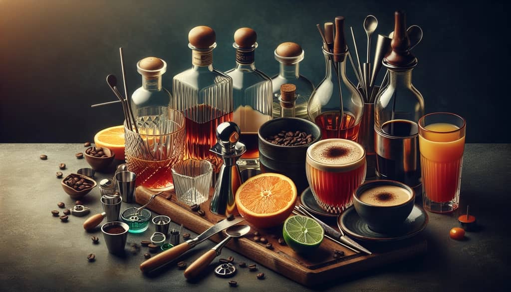 Essential ingredients and tools for crafting an Espresso Orange Margarita, including tequila, espresso, and orange liqueur