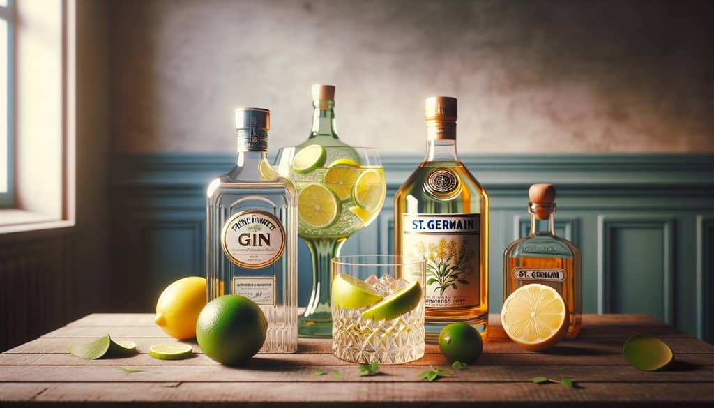 Essential ingredients for a French Gimlet, including gin, fresh lime juice, and St. Germain elderflower liqueur.