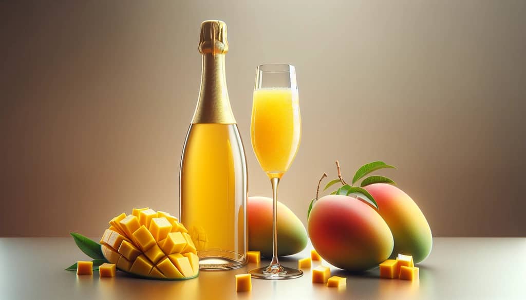 Essential ingredients for a Mango Mimosa, including Champagne and fresh mango juice.