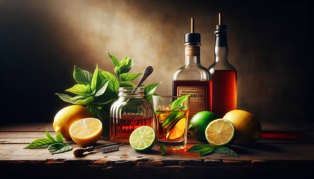Essential ingredients for crafting a balanced Whiskey Sour with lemon and lime juice, including bourbon and simple syrup.