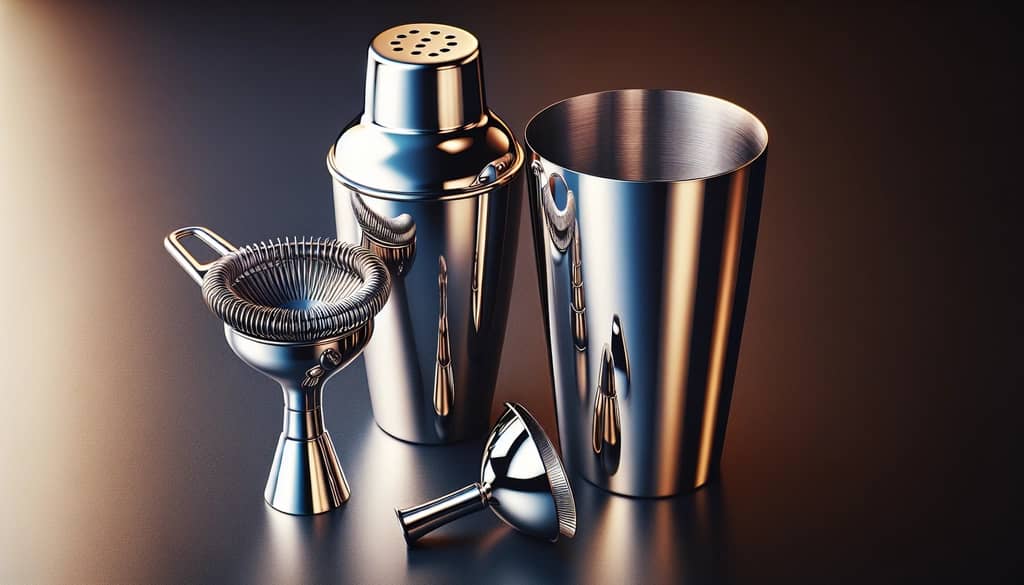 Essential tools for making a Whiskey Sour: cocktail shaker, jigger, and strainer