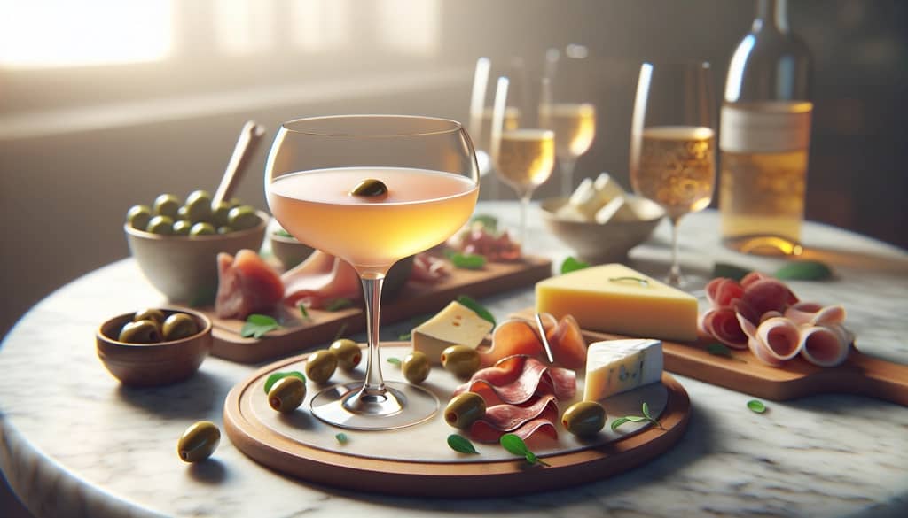 European cocktail with small appetizers on wood board