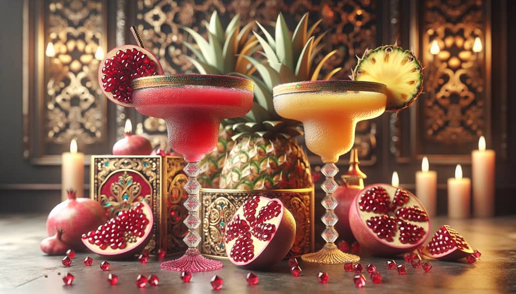 Festive fruity margaritas including pomegranate and pineapple variations in decorative glasses
