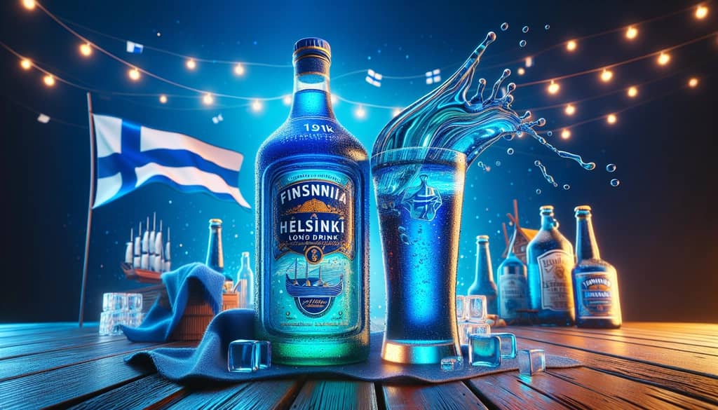 Finnish Long Drink bottle and glass, symbolizing its journey from Helsinki to international markets.
