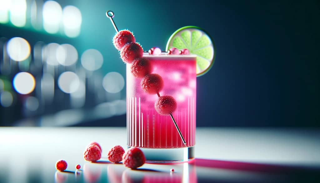 Floradora cocktail with fresh raspberry skewer and lime wheel garnish