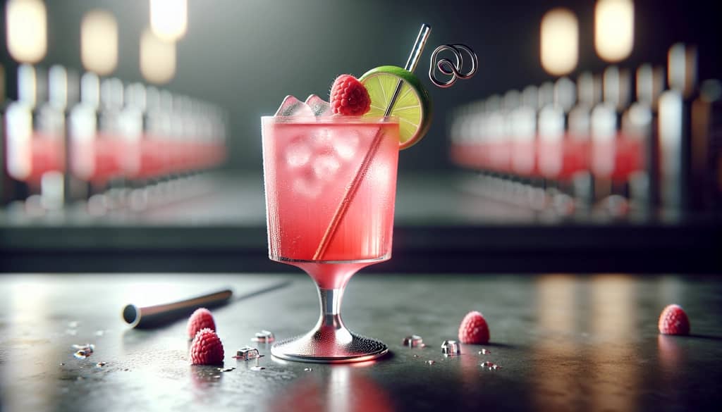 Floradora in Collins glass with clear ice, raspberry garnish, lime twist