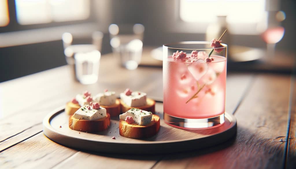 Floradora cocktail with goat cheese crostini