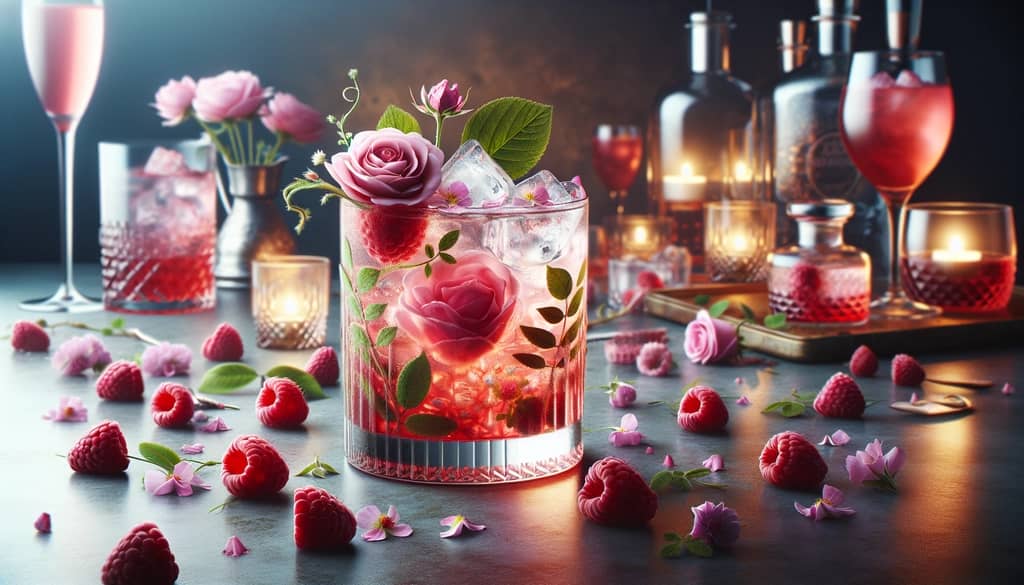 Floral Raspberry Clover cocktail with rose-infused raspberry syrup and floral gin