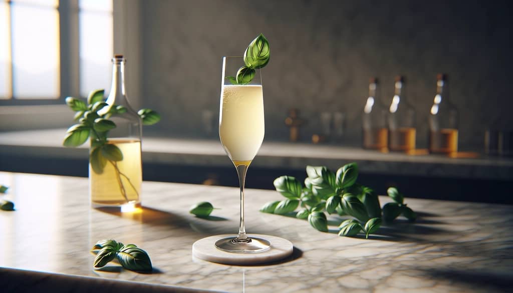 French 75 dengan hiasan basil di gelas flute