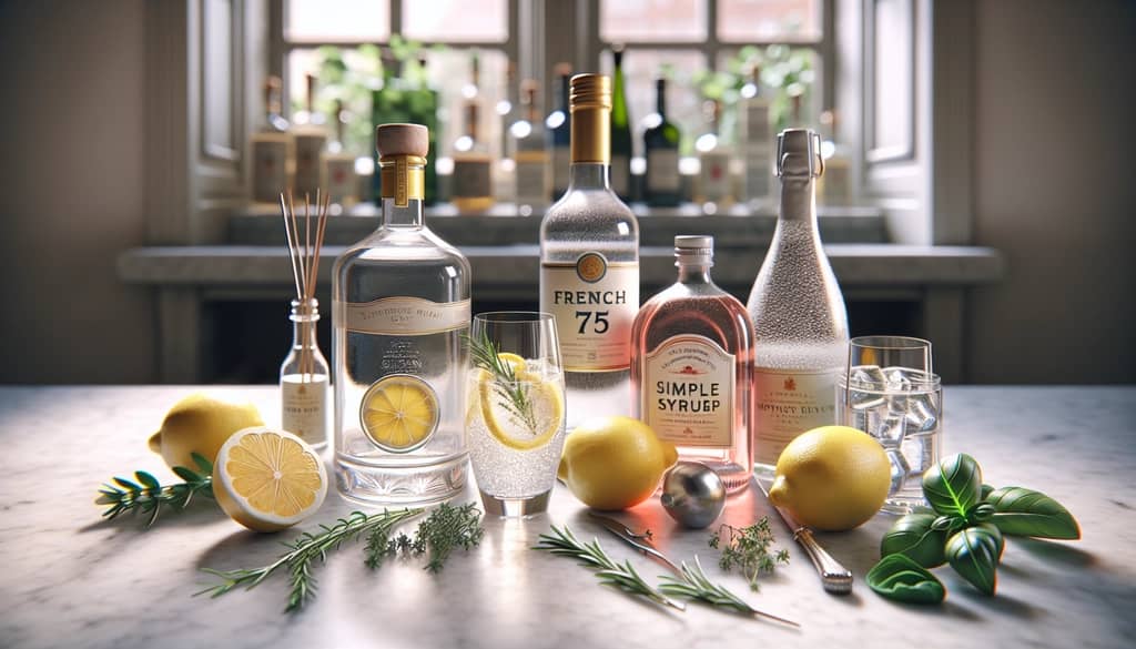 French 75 ingredients with fresh herbs on marble
