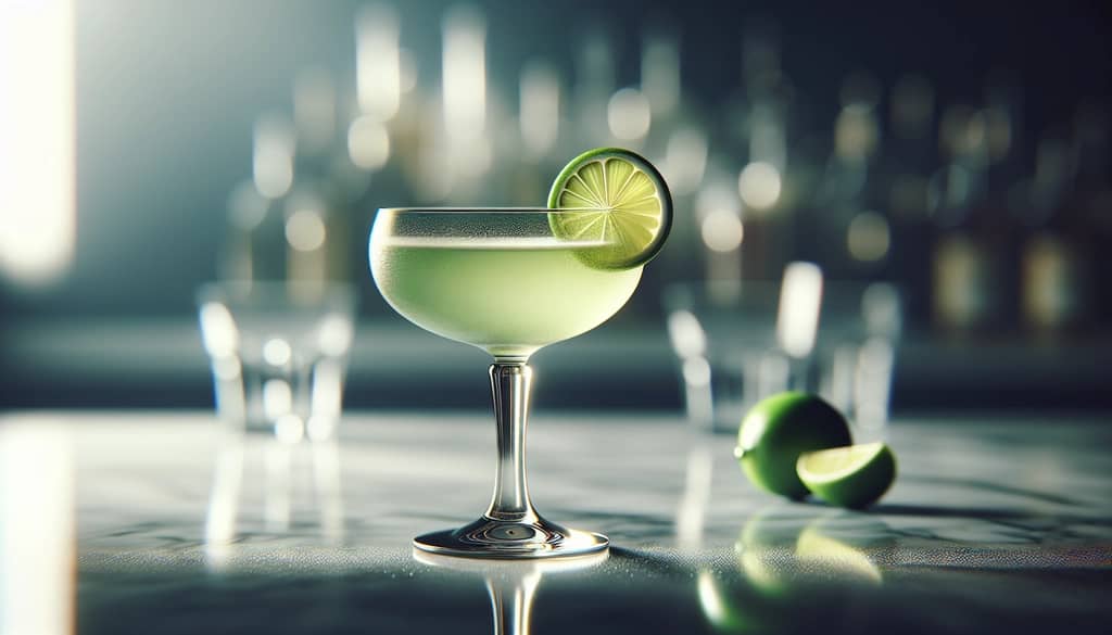 Cóctel gimlet francés en una copa coupé con rueda de lima