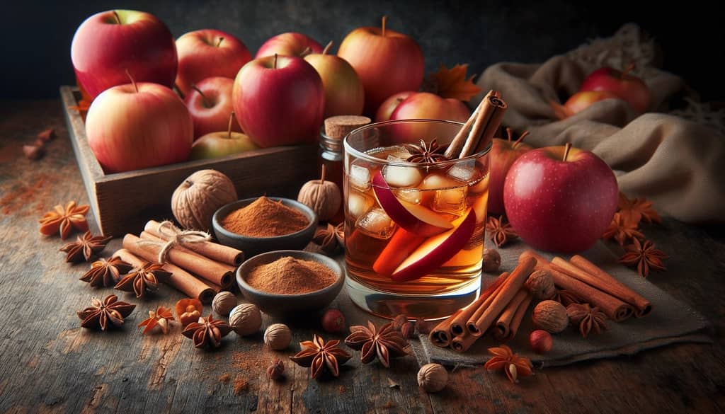 Fresh apples, cinnamon sticks, and nutmeg surrounding a glass of spiced fall cocktail.