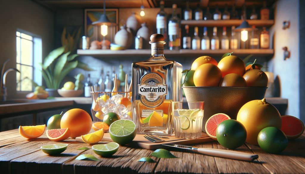 Fresh citrus fruits and tequila are prepared on a tabletop, ready to create a Cantarito Cocktail