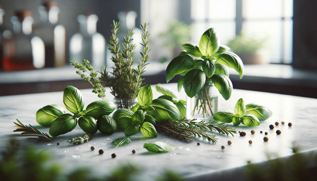 herb selection for gimlets including basil mint rosemary thyme